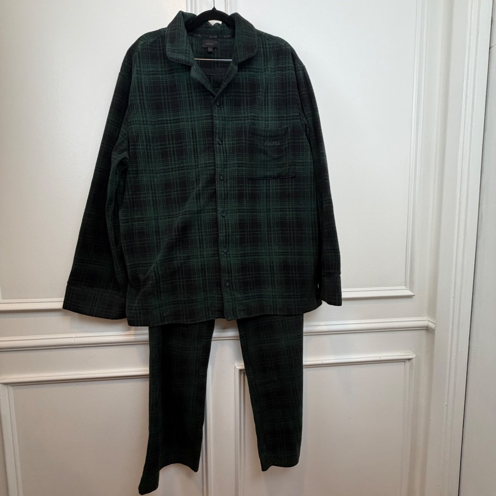 SKIMS Mens Fleece Sleep Set Green Black Plaid Pajama Top Pants Large RN158973
